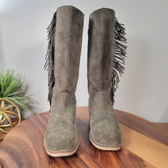 Lucky Brand Grayer Green Suede Fringe Kndd High Boots Size 7.5 - Picture 6 of 15